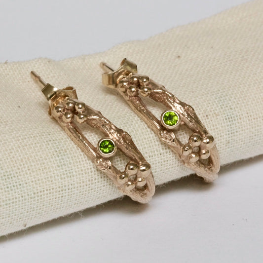 Tsavorite Woodland Twig Hoops, Solid Gold Luxury Hoop Earrings