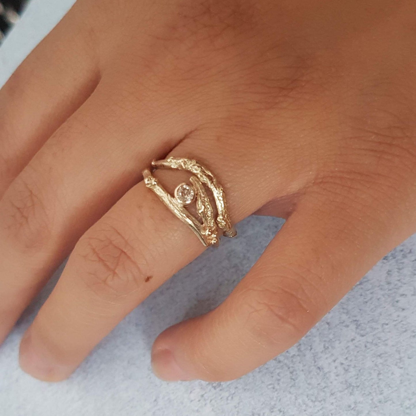 Gold and Diamond Twig Engagement Ring Set, Elvish Engagement and Wedding rings