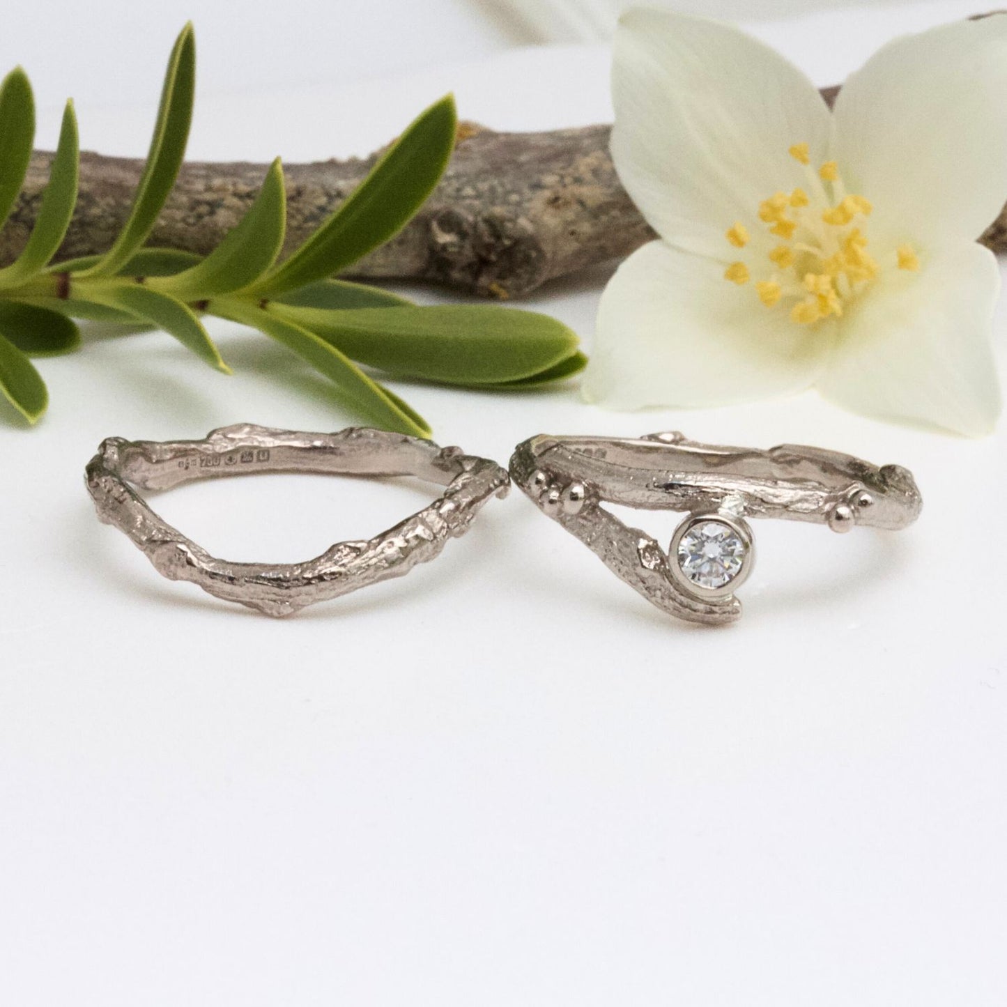 Diamond Elvish Engagement Ring Set, Alternative Engagement Ring, 14ct Gold and Diamond Twig Ring