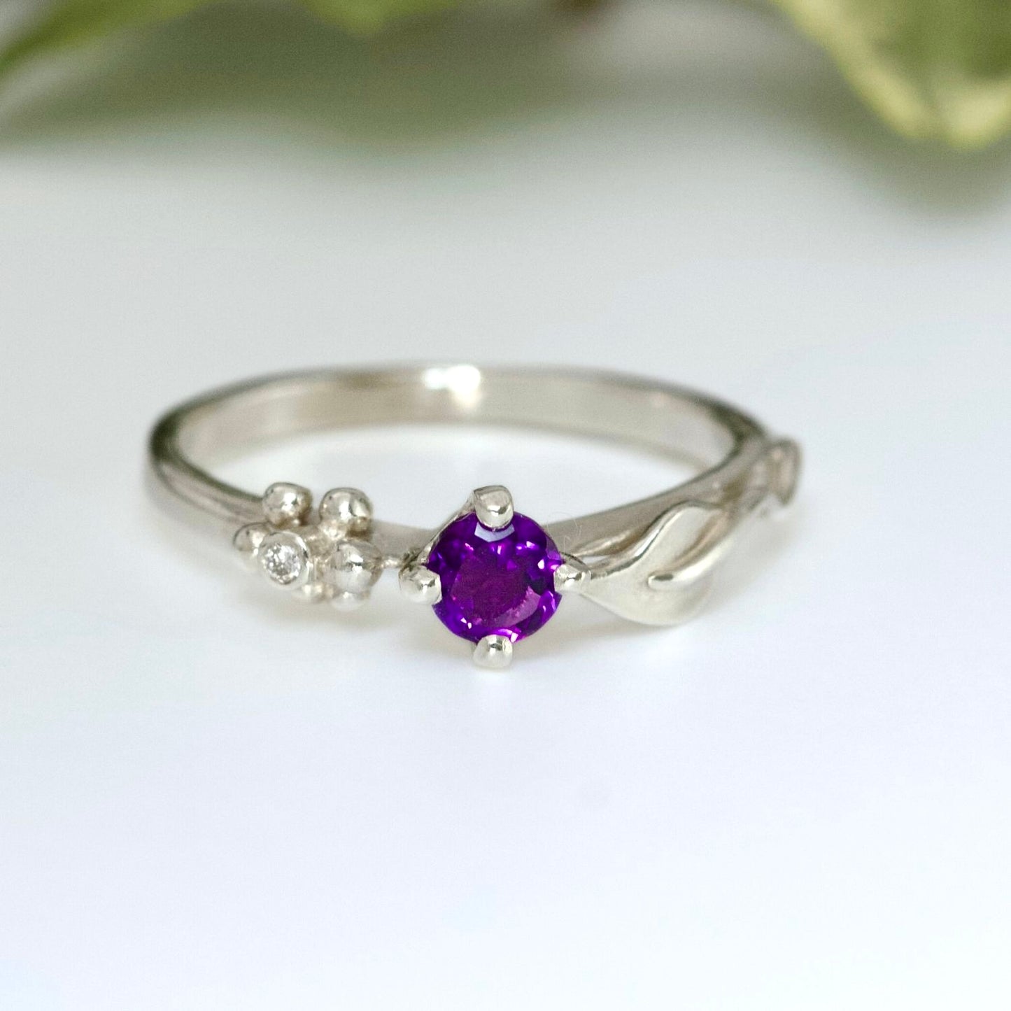 Amethyst and Diamond Nature Leaf and Berry Ring
