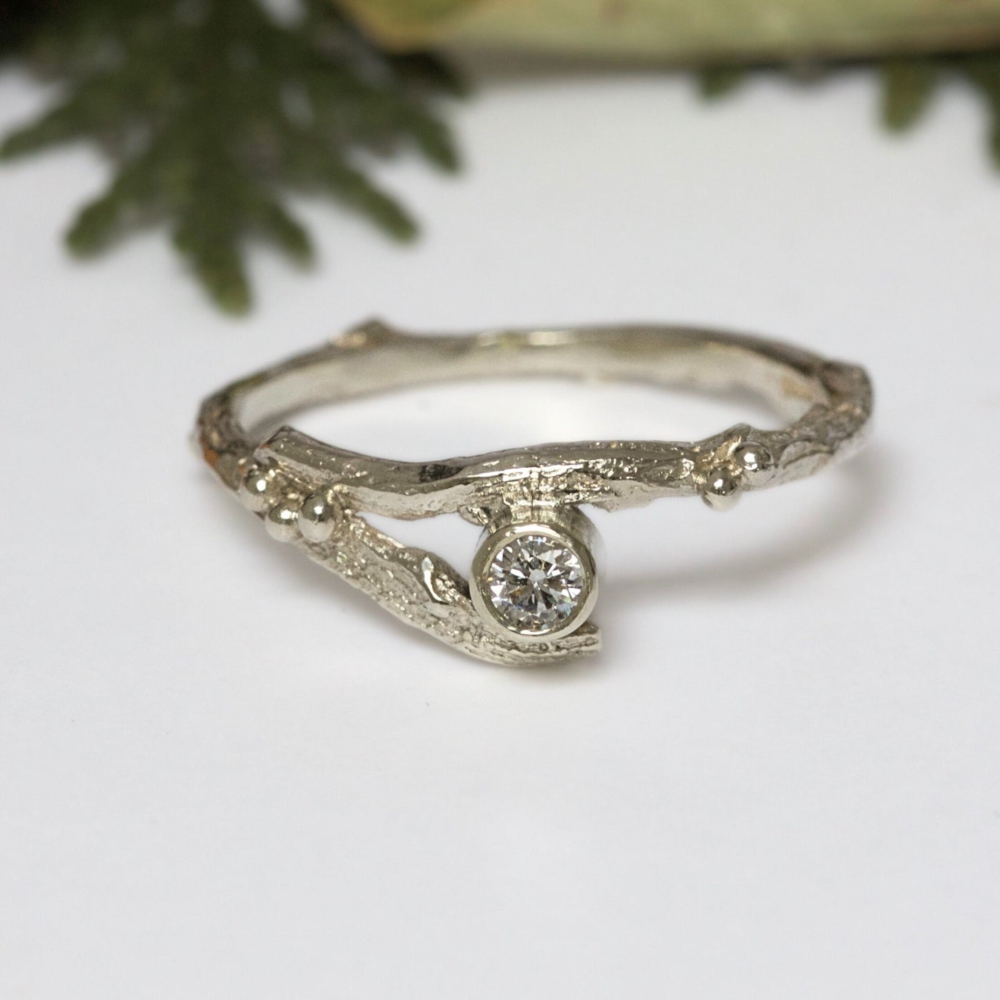 Gold and Diamond Twig Engagement Ring Set, Elvish Engagement and Wedding rings