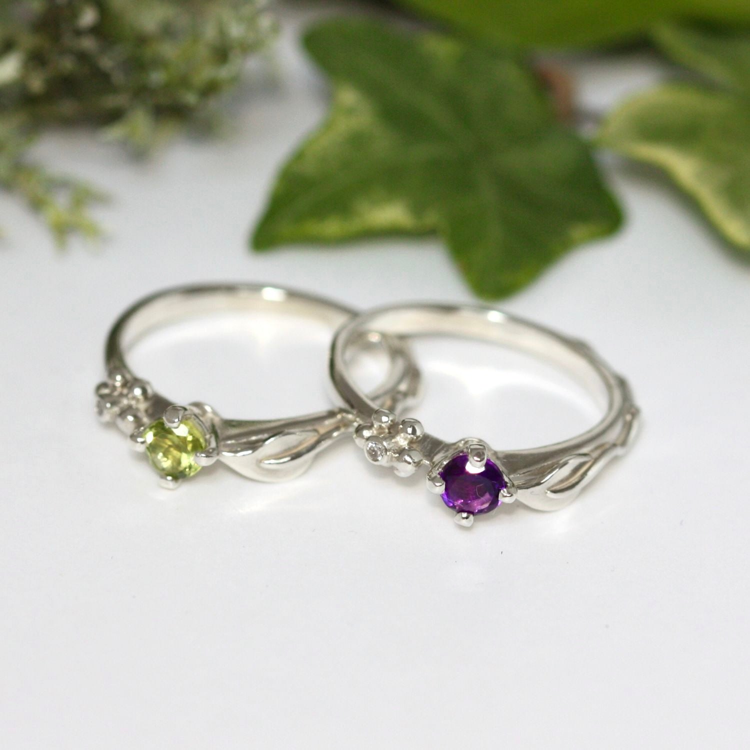 silver nature leaf and berry gemstone rings