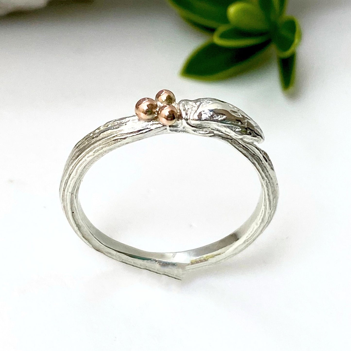 Willow Twig Bud Ring, Silver and Rose Gold Wedding Ring, Nature Stacking Ring