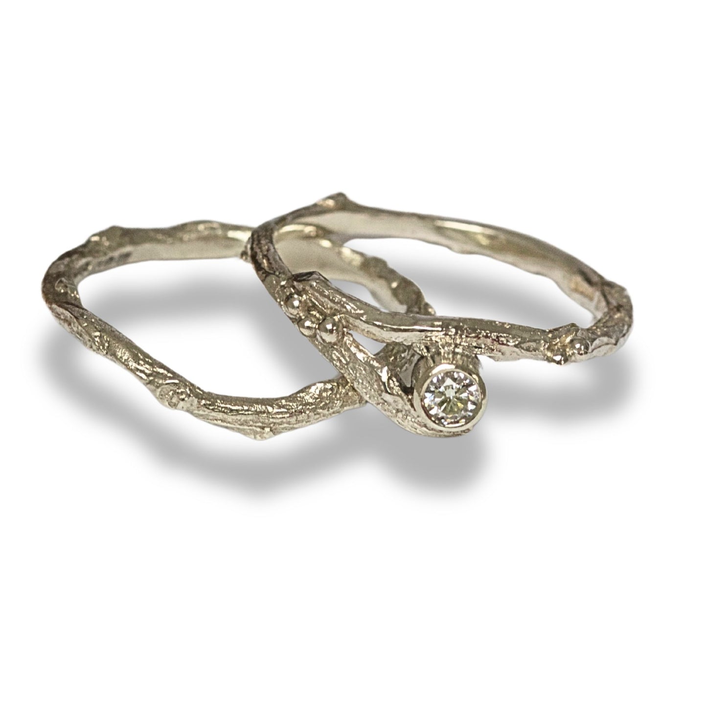 Gold and Diamond Twig Engagement Ring Set, Elvish Engagement and Wedding rings