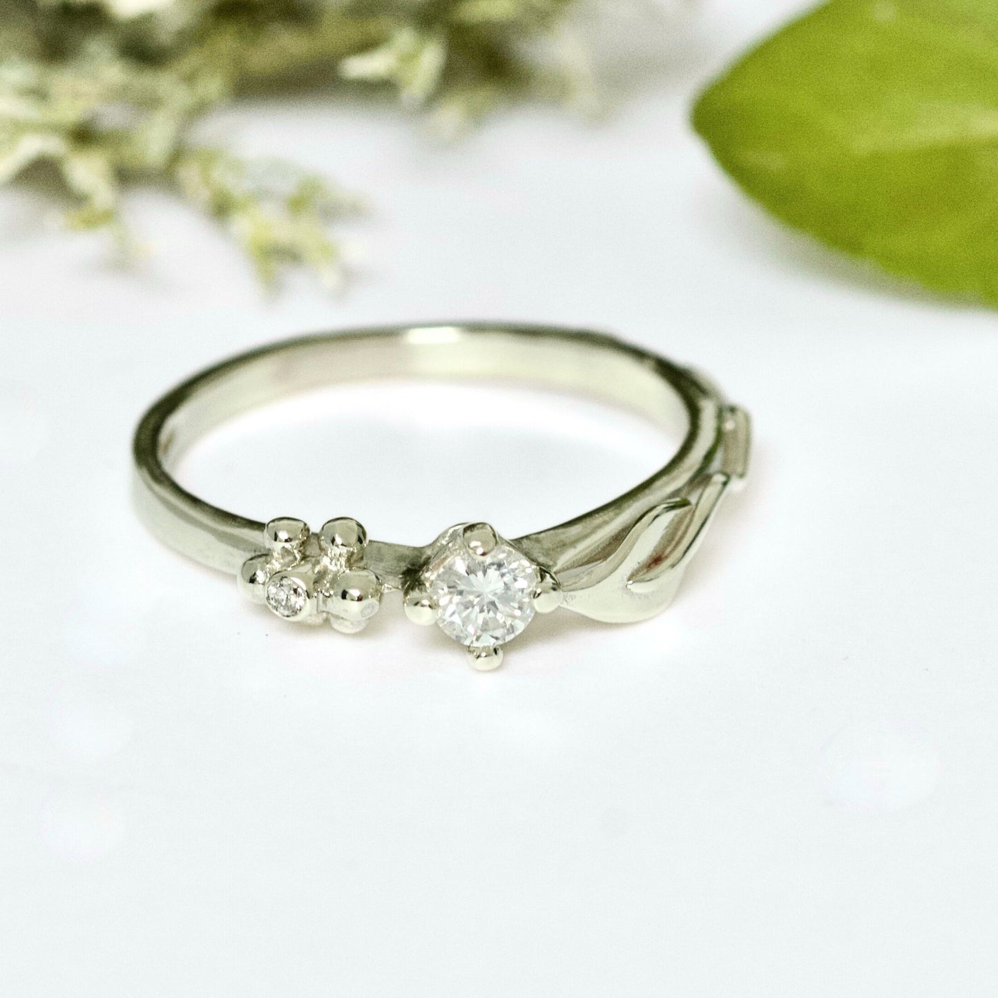 Dainty White Gold Ariel Leaf Engagement Ring, Diamond Nature Inspired Ring