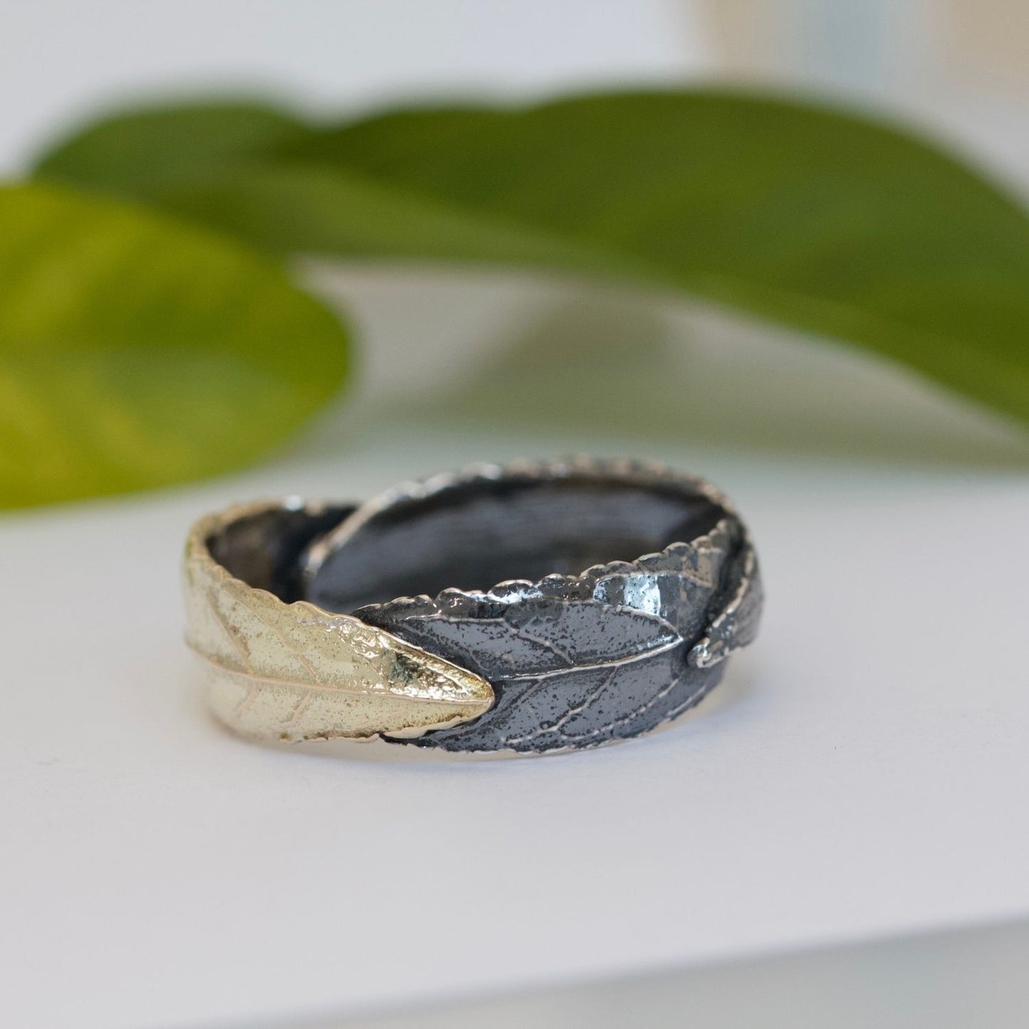 Three Leaf Ring, Gold and Silver Nature Wedding Ring, Mixed Metal Leaf Ring