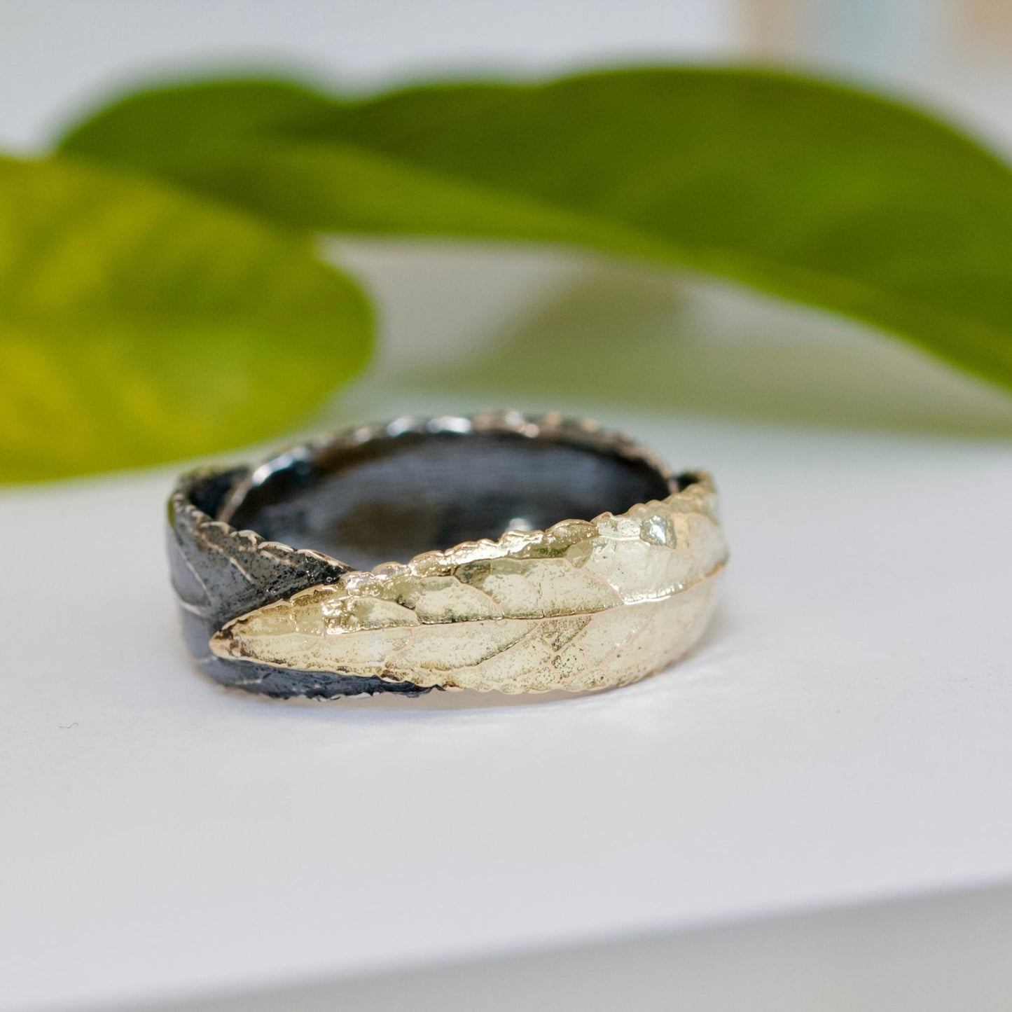 Three Leaf Ring, Gold and Silver Nature Wedding Ring, Mixed Metal Leaf Ring