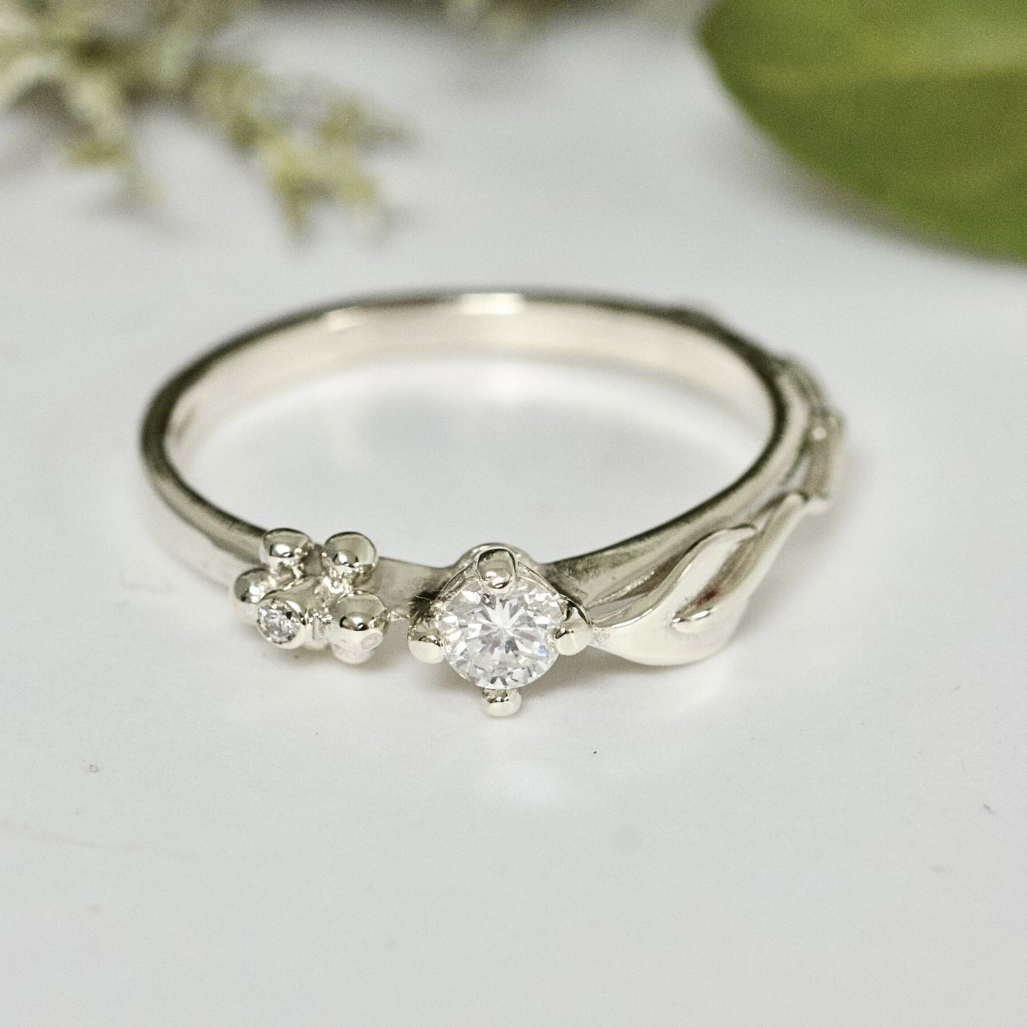 Dainty White Gold Ariel Leaf Engagement Ring, Diamond Nature Inspired Ring