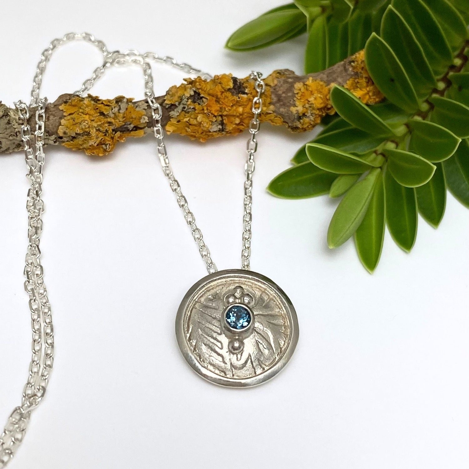 Boudicca Silver Shield Necklace with blue topaz