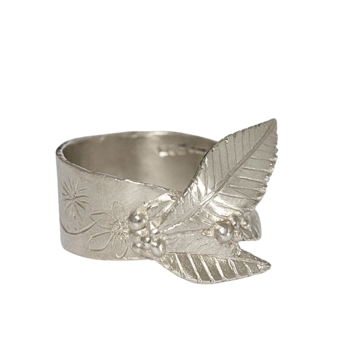 contemporary sterling silver carved leaf ring