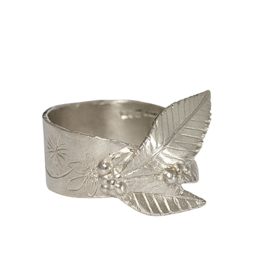 contemporary sterling silver carved leaf ring