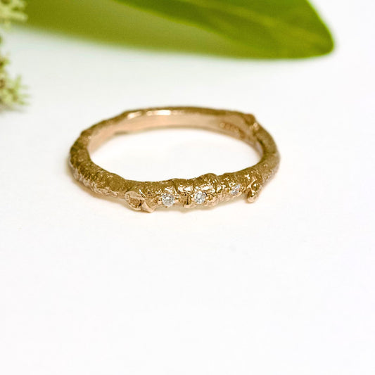 gold twig ring with natural diamonds