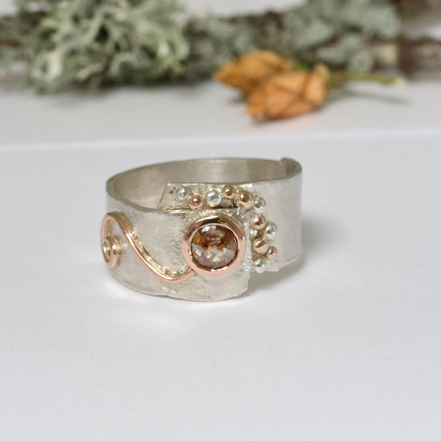 Natural Orange Rose Cut Diamond Earth Ring, Silver and Rose Gold Wide Band Ring