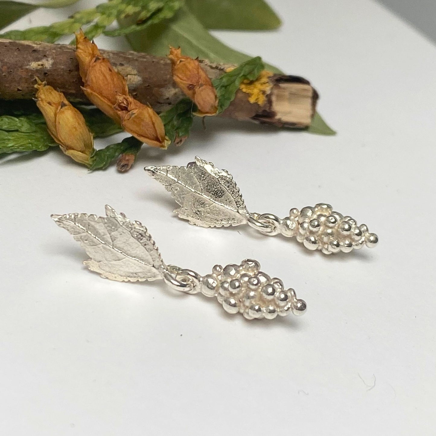 Woodland Elvish Silver Leaf and Berry Earrings