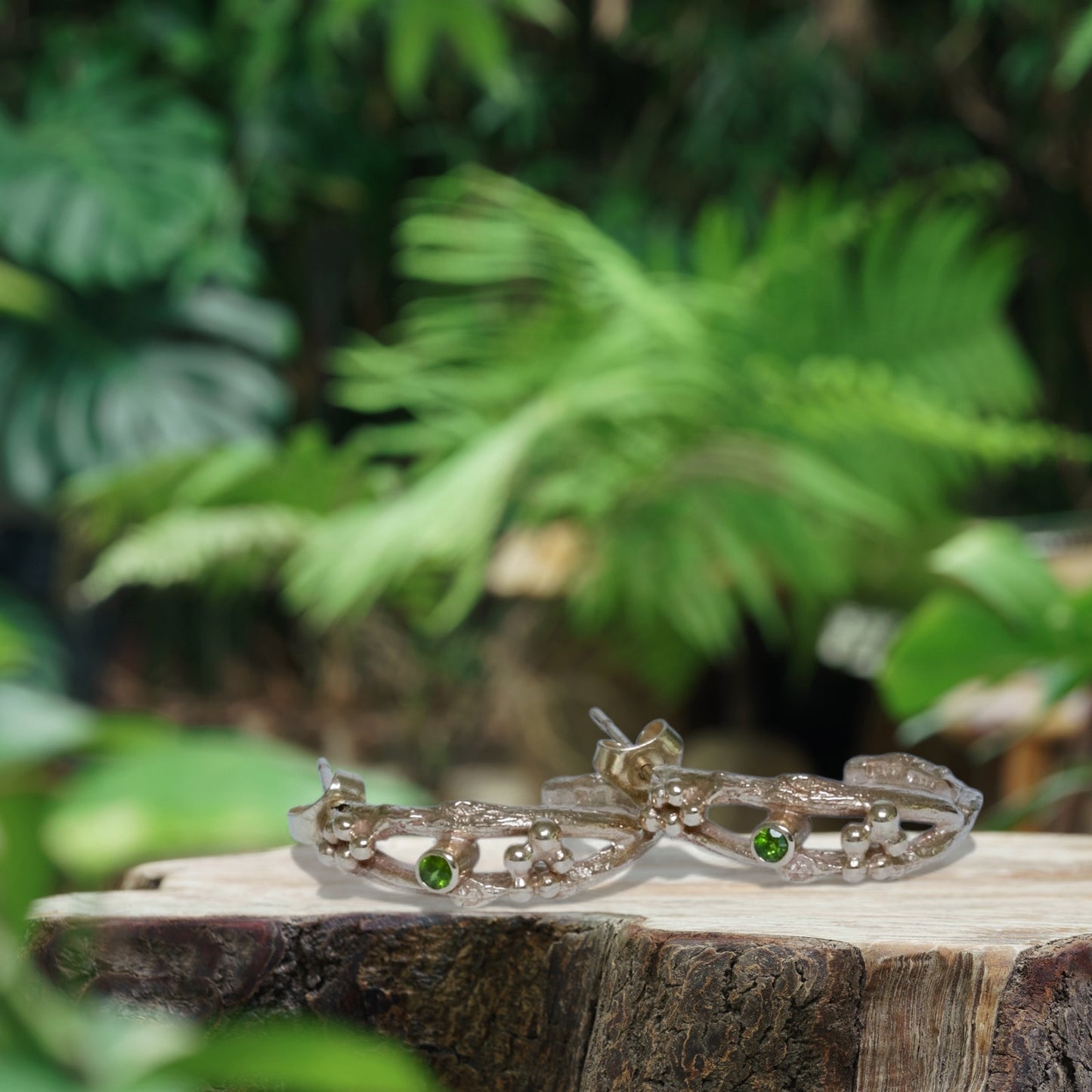 Tsavorite Woodland Twig Hoops, Solid Gold Luxury Hoop Earrings