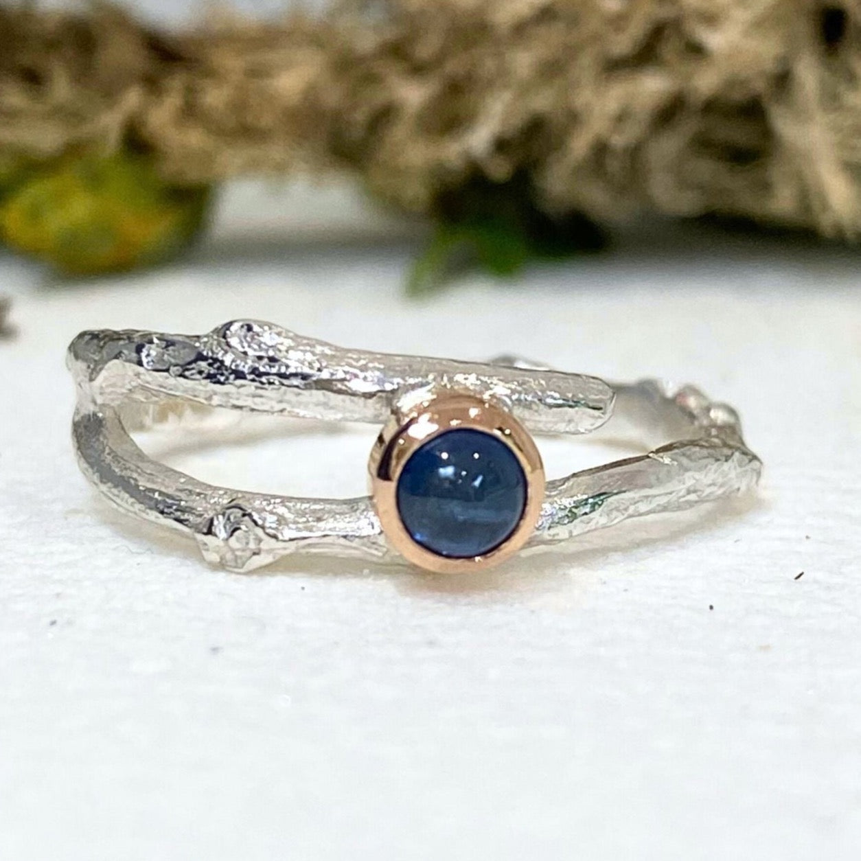 Sapphire Woodland Twig Ring, Cabochon Sapphire Engagement Ring
