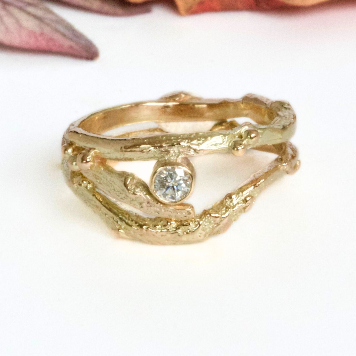 Gold and Diamond Twig Engagement Ring Set, Elvish Engagement and Wedding rings