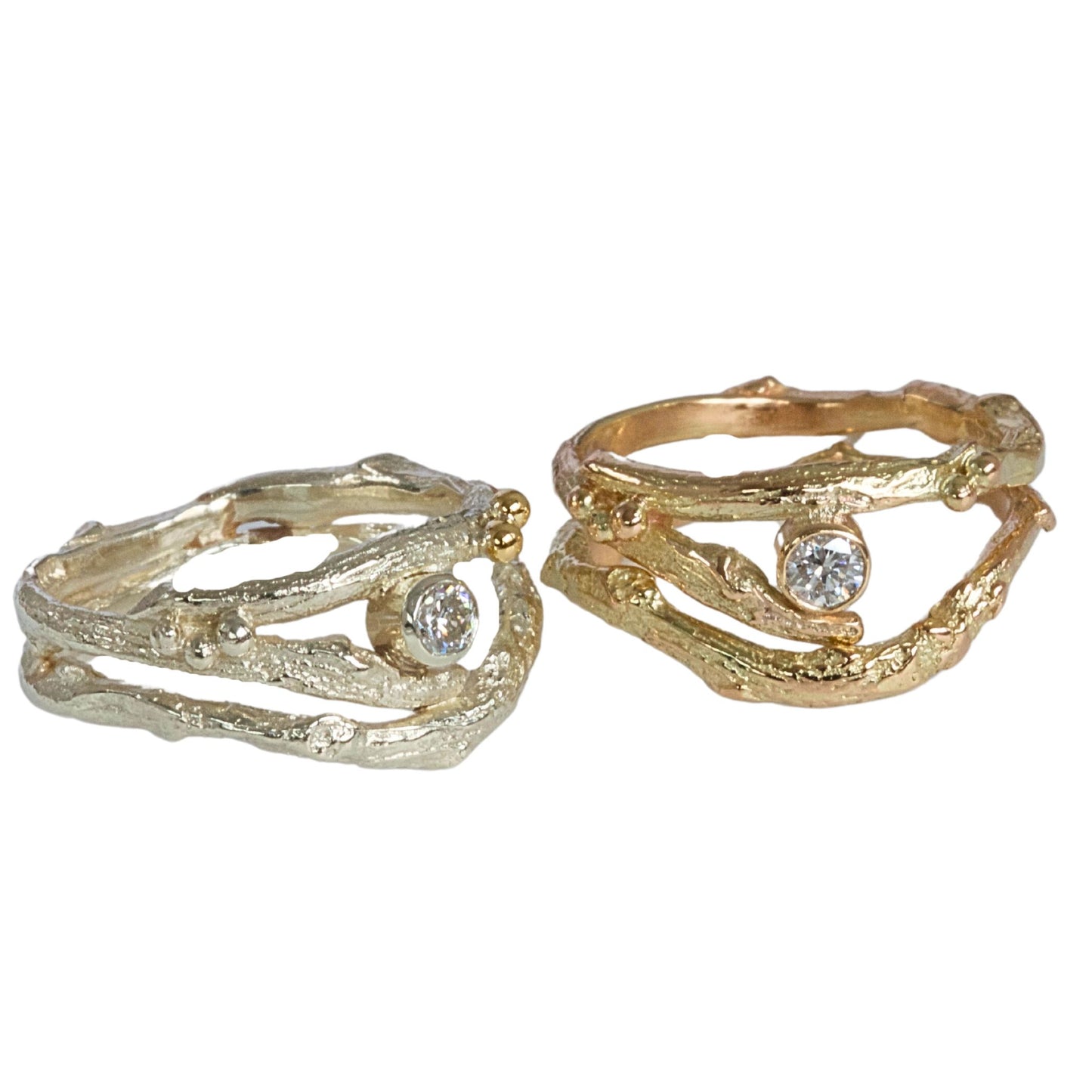 Gold and Diamond Twig Engagement Ring Set, Elvish Engagement and Wedding rings