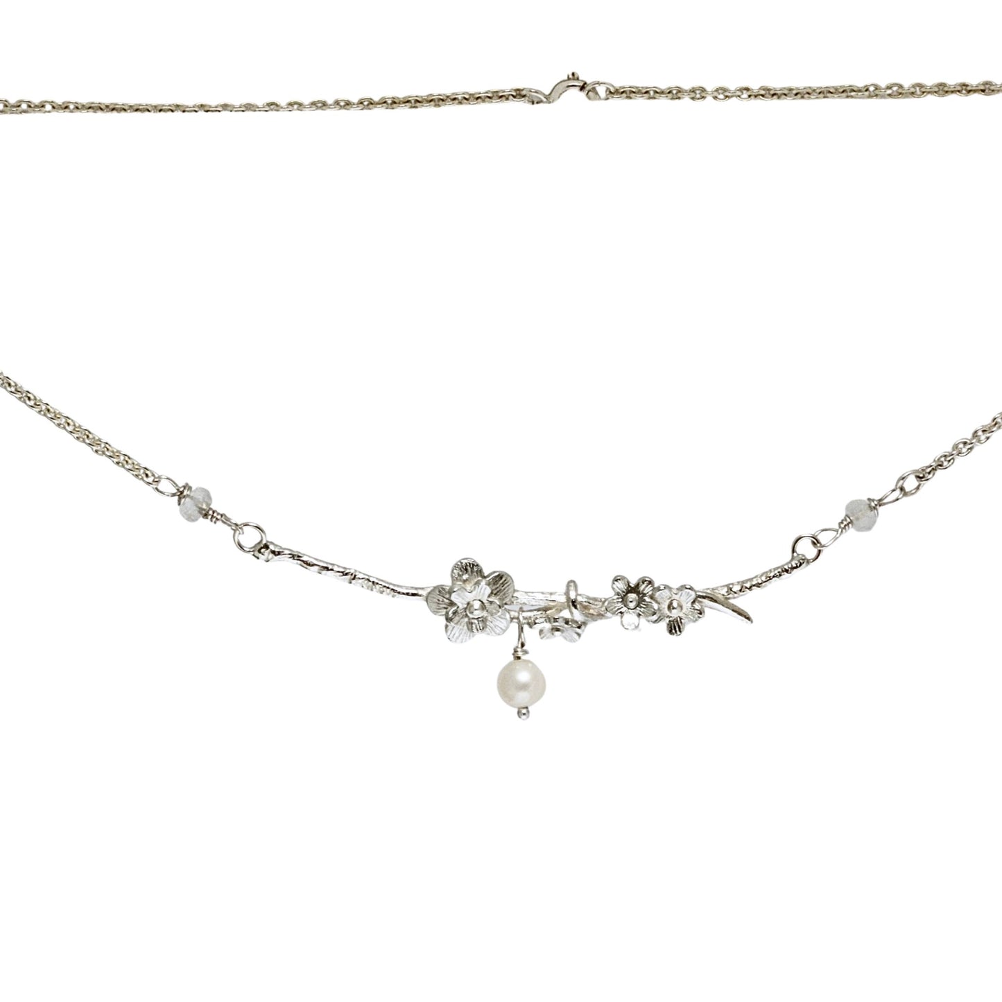 Cherry Blossom Necklace, Silver, Pearl and Moonstone Bridal Necklace