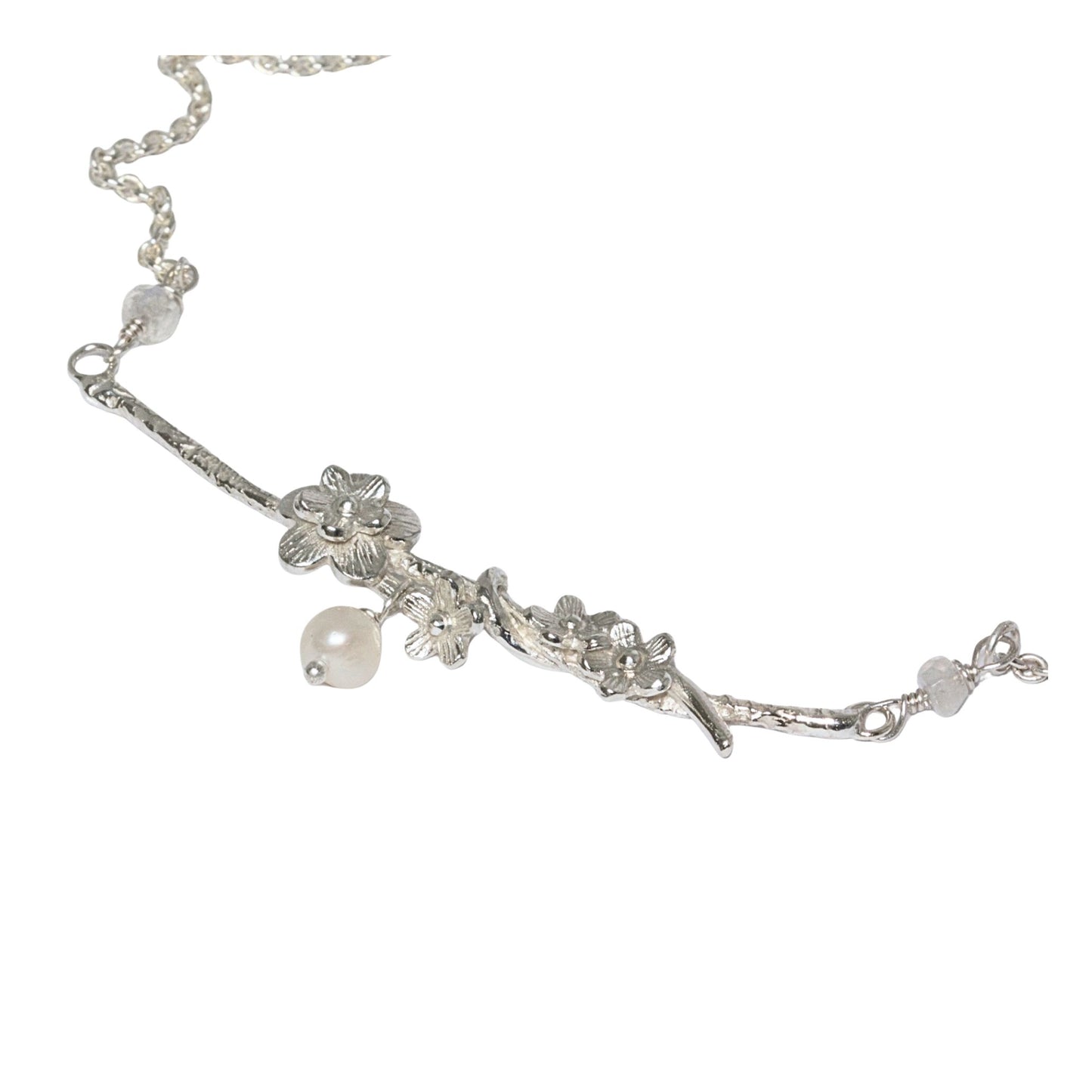 Cherry Blossom Necklace, Silver, Pearl and Moonstone Bridal Necklace