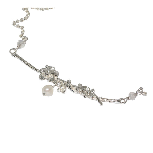 Cherry Blossom Necklace, Silver, Pearl and Moonstone Bridal Necklace