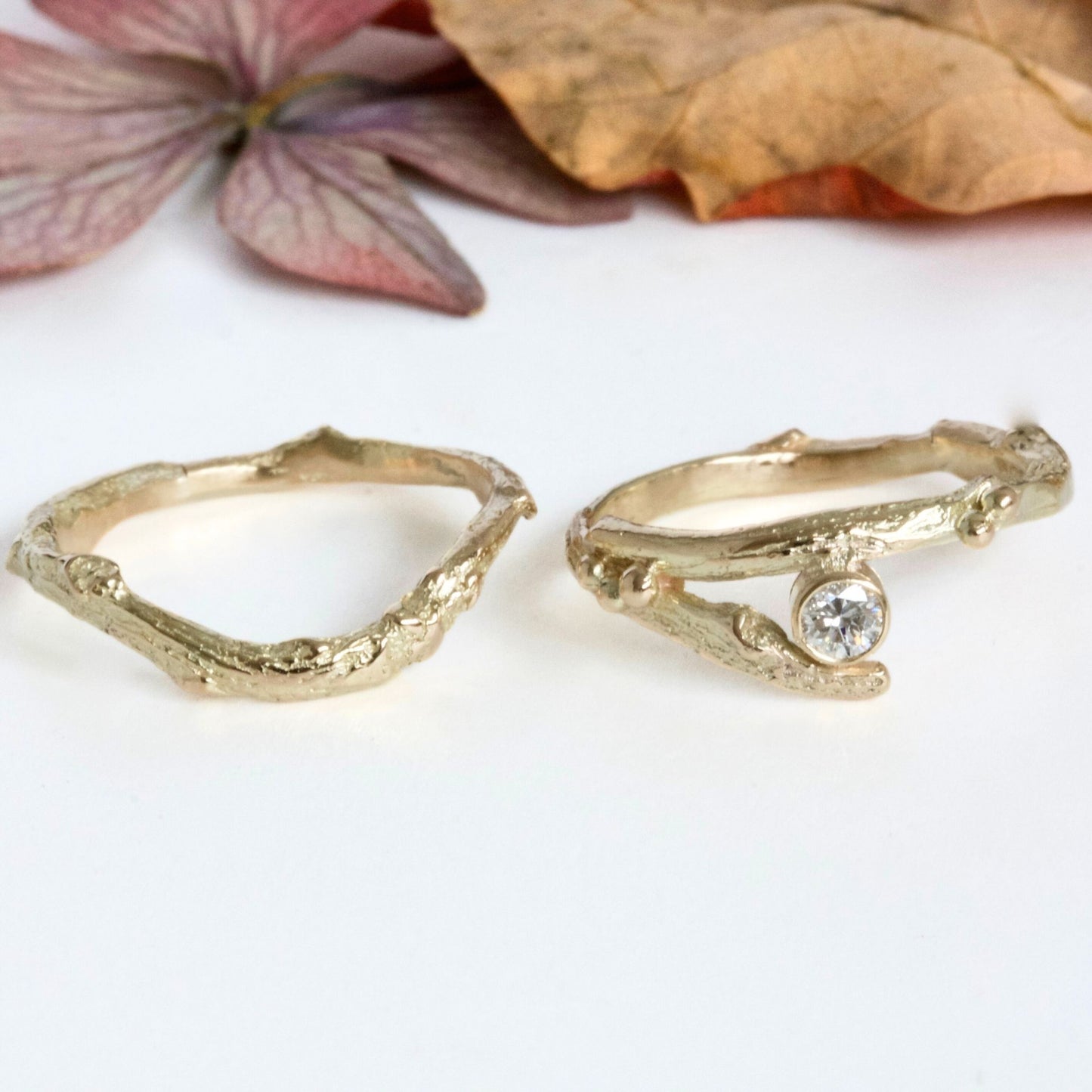 Gold and Diamond Twig Engagement Ring Set, Elvish Engagement and Wedding rings
