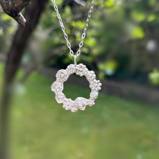 Rosy Posy Silver Flower Circle Necklace