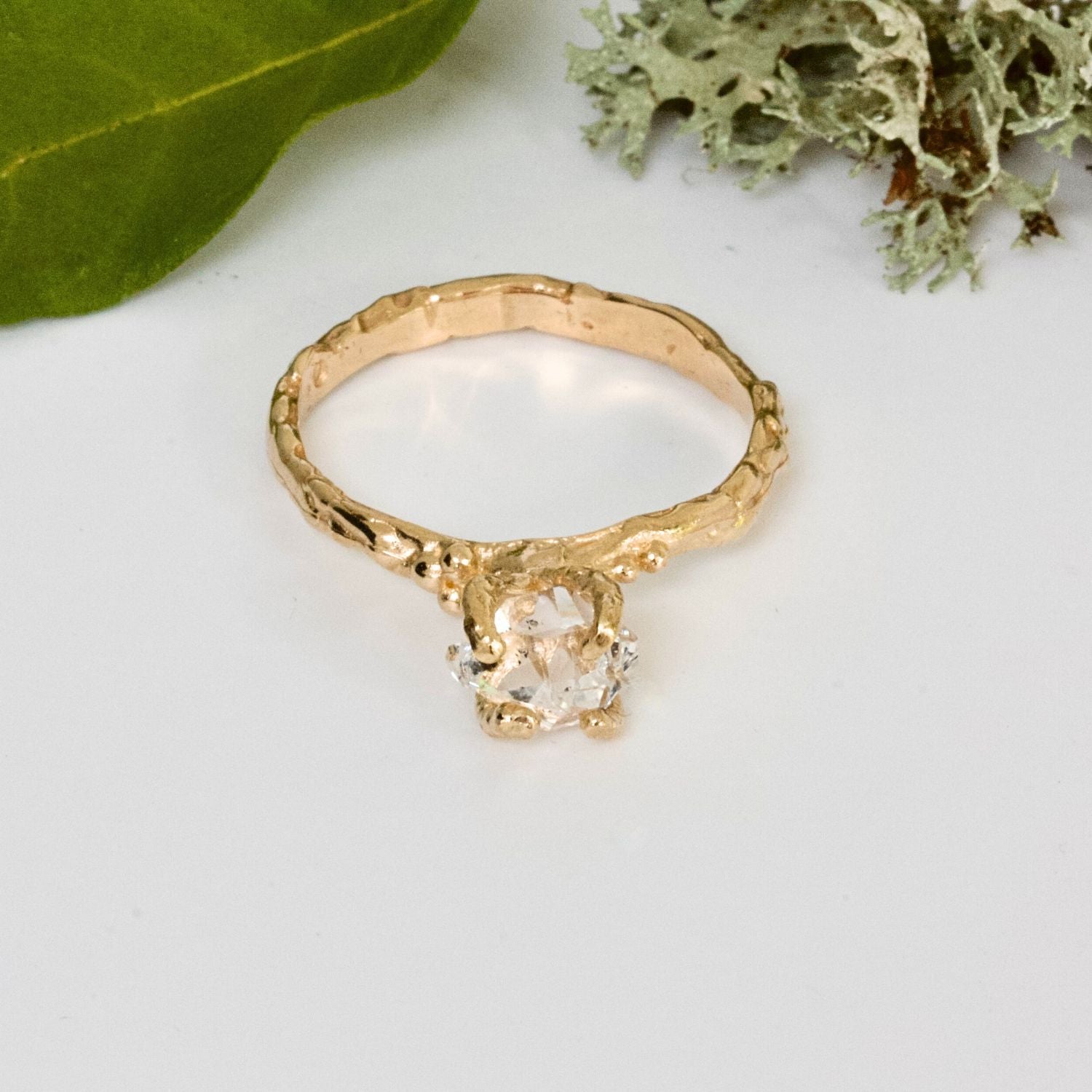 Alternative Organic Engagement Ring with Herkimer Quartz diamond
