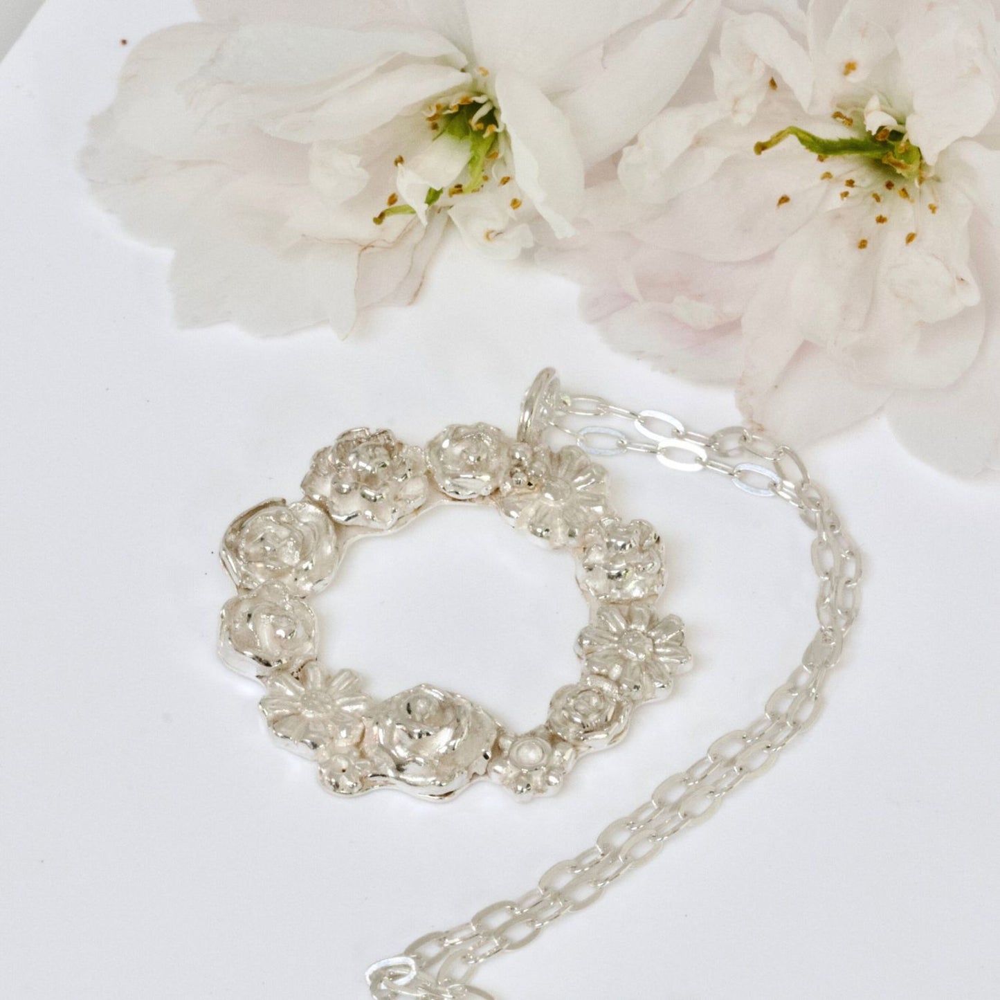 Rosy Posy Silver Flower Circle Necklace