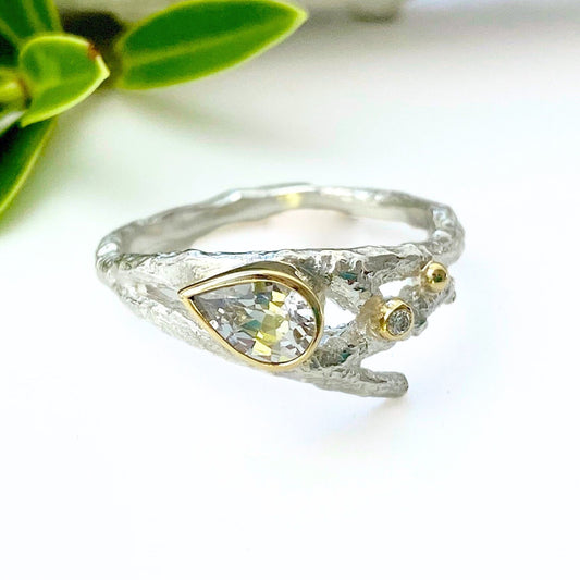 White Sapphire Elvish Twig Ring-Pear Shape Ring-Silver and 18ct Gold, Diamond