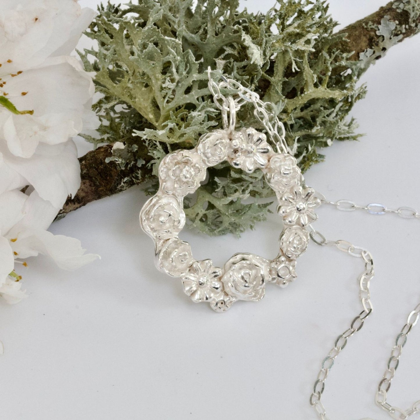 Rosy Posy Silver Flower Circle Necklace