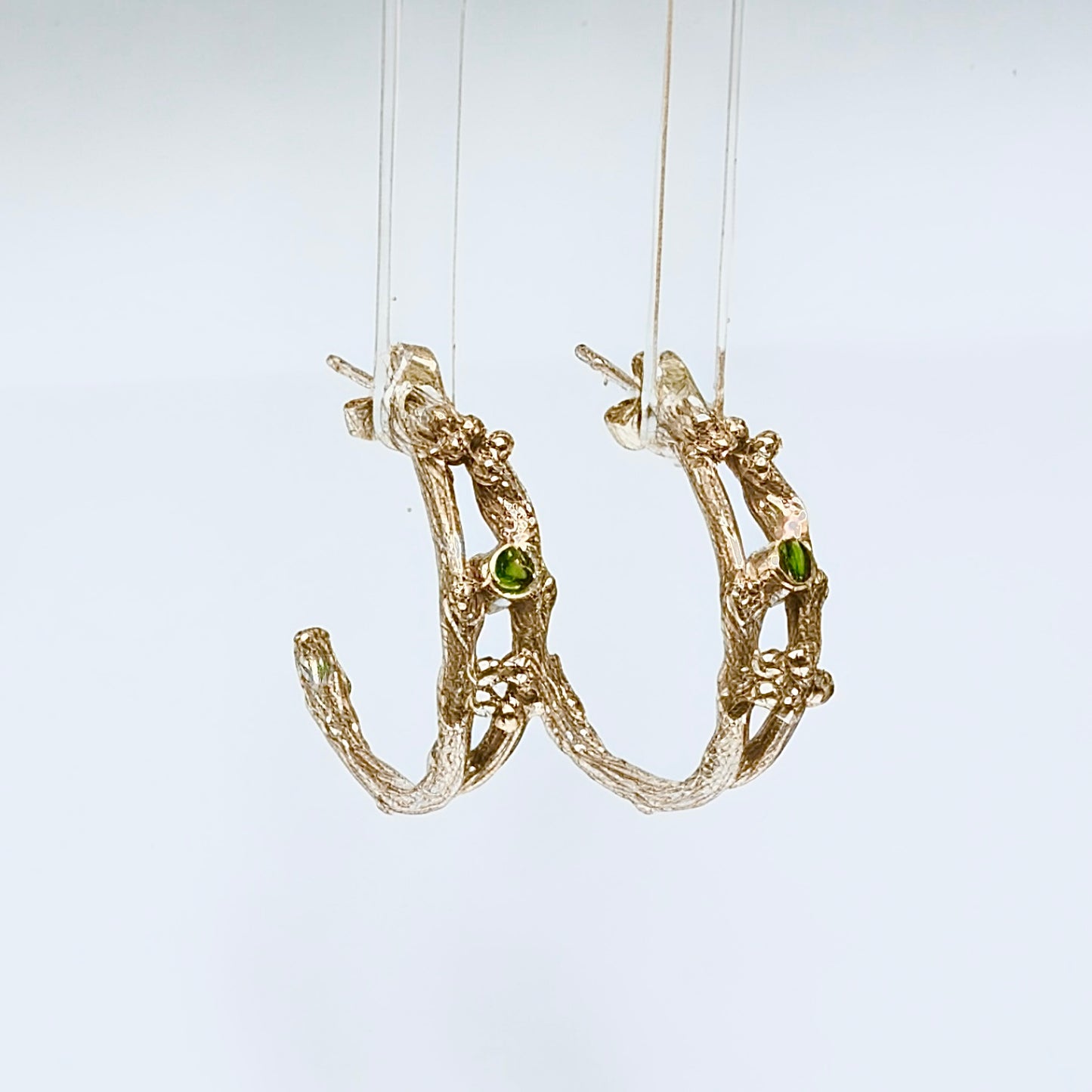 Tsavorite Woodland Twig Hoops, Solid Gold Luxury Hoop Earrings