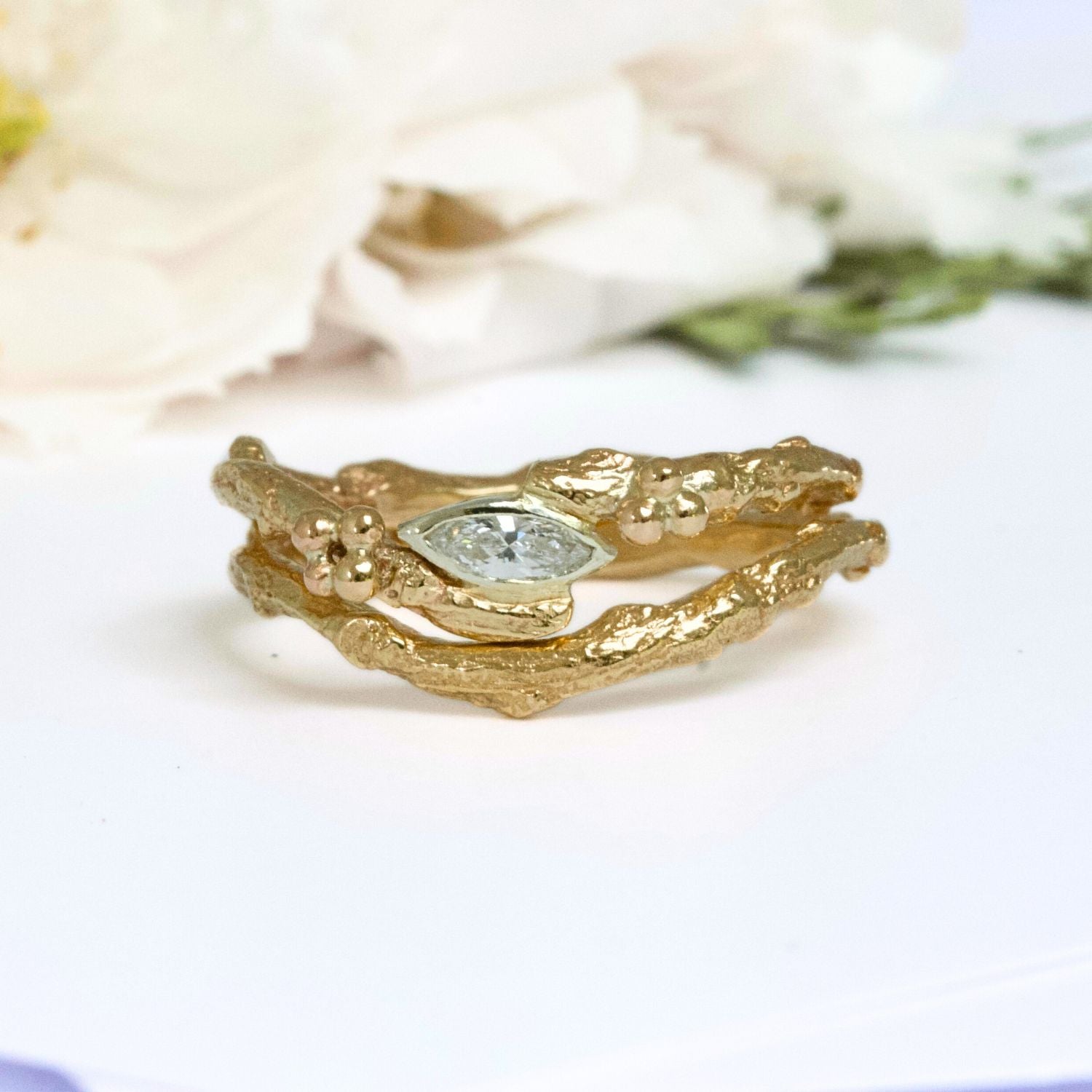 marquise diamond organic engagement and wedding ring set