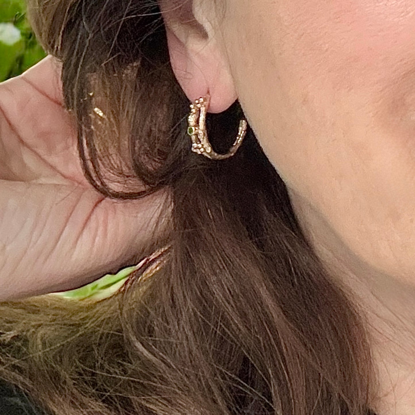 Tsavorite Woodland Twig Hoops, Solid Gold Luxury Hoop Earrings