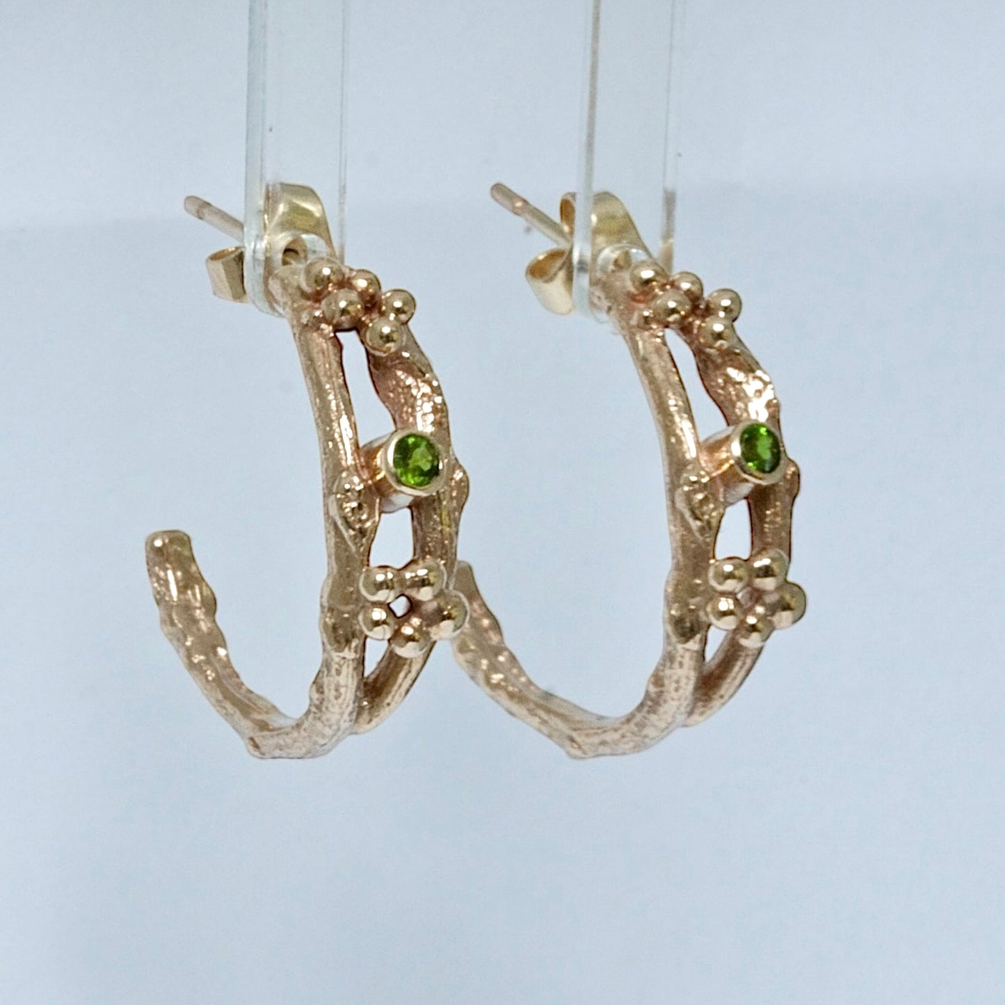 Tsavorite Woodland Twig Hoops, Solid Gold Luxury Hoop Earrings