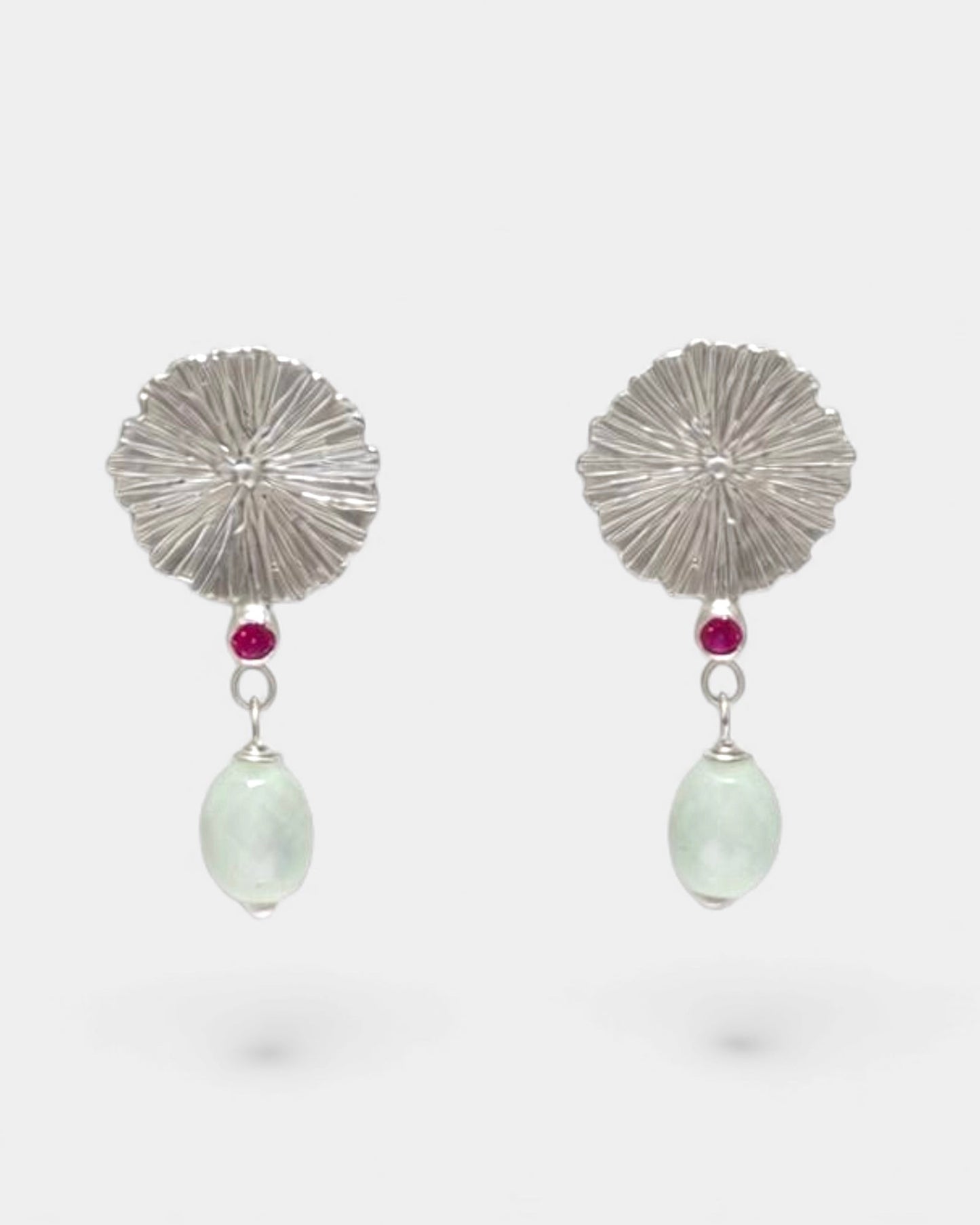 Sunburst Silver Earrings with Ruby Accents and Prehnite Drops