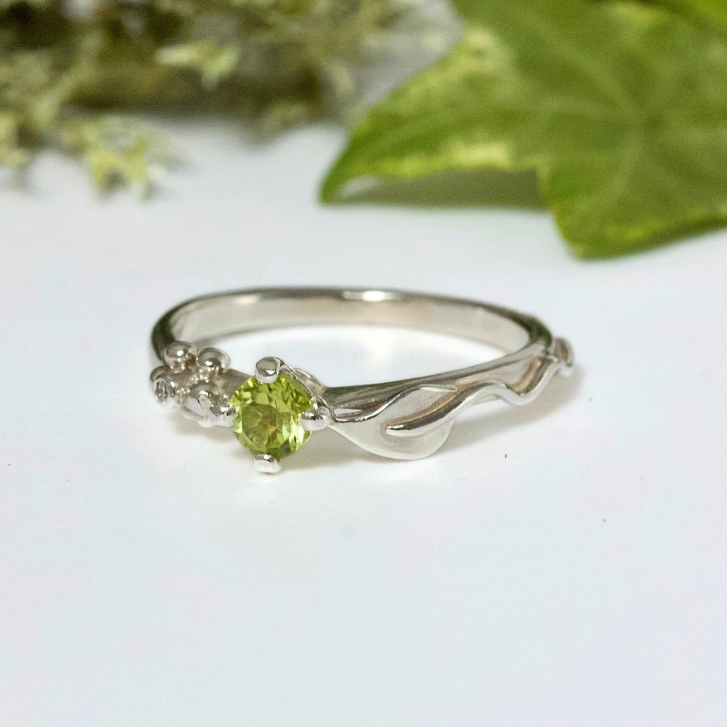 Peridot Silver Leaf Engagement Ring