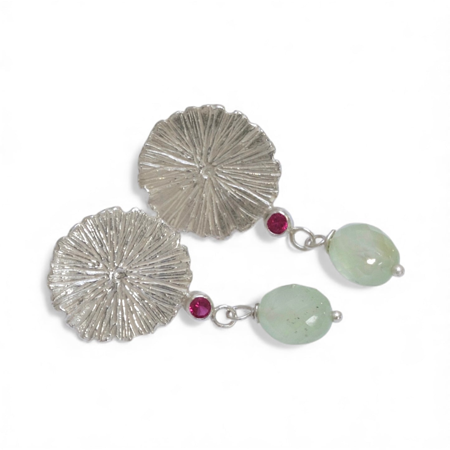 Sunburst Silver Earrings with Ruby Accents and Prehnite Drops
