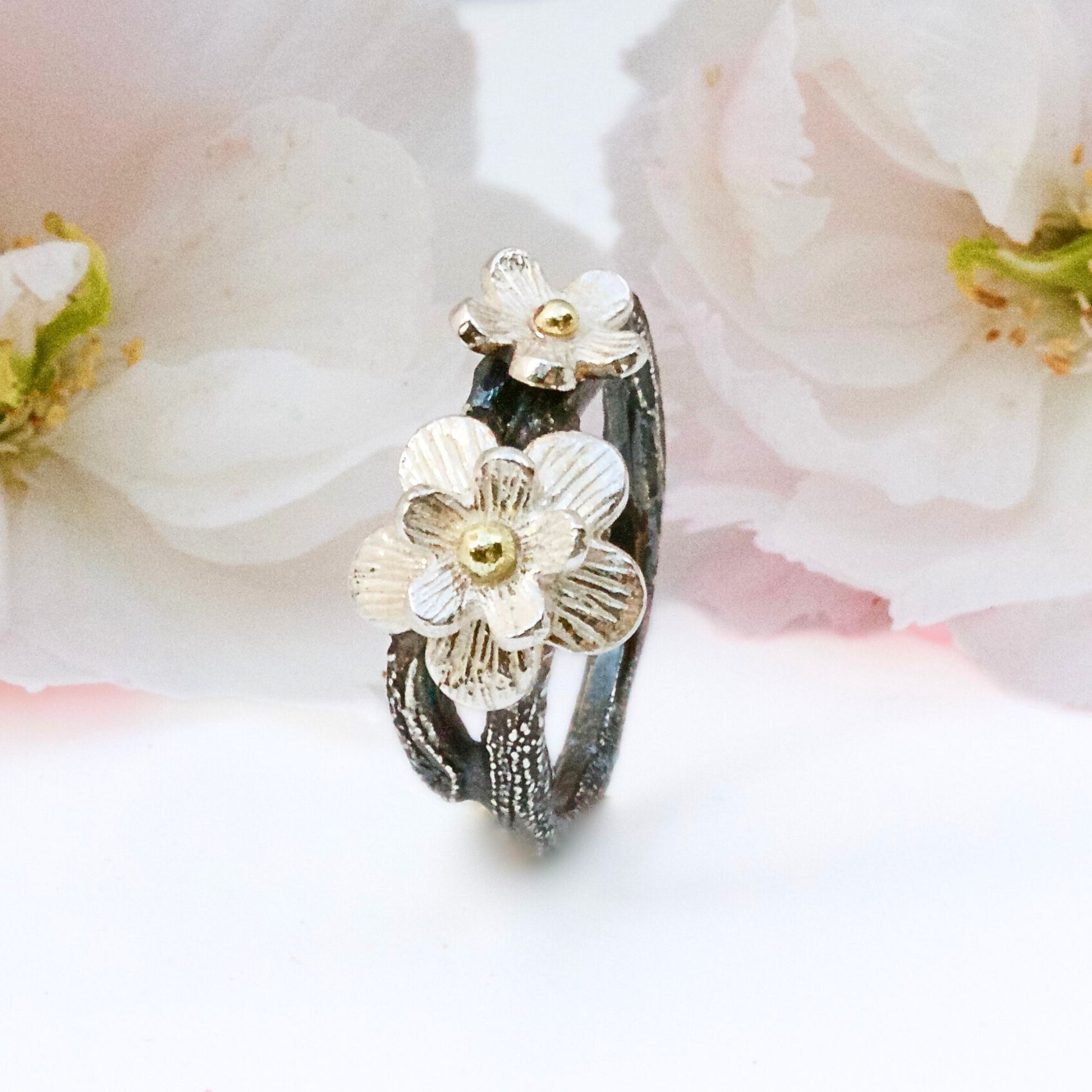 floral ring. Oxidised Silver and Gold Flower Ring.