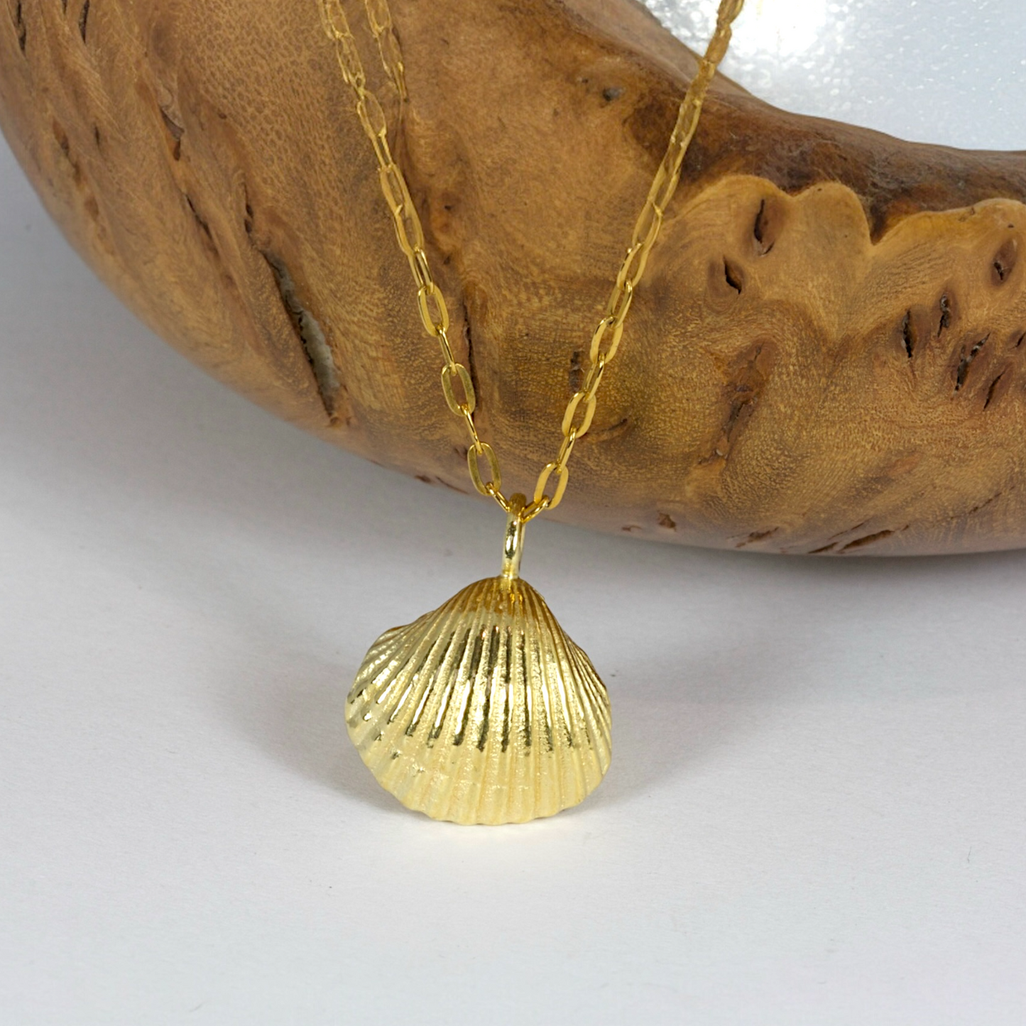 Gold Vermeil Shell Pendant on 24 Inch Diamond Cut Trace Chain