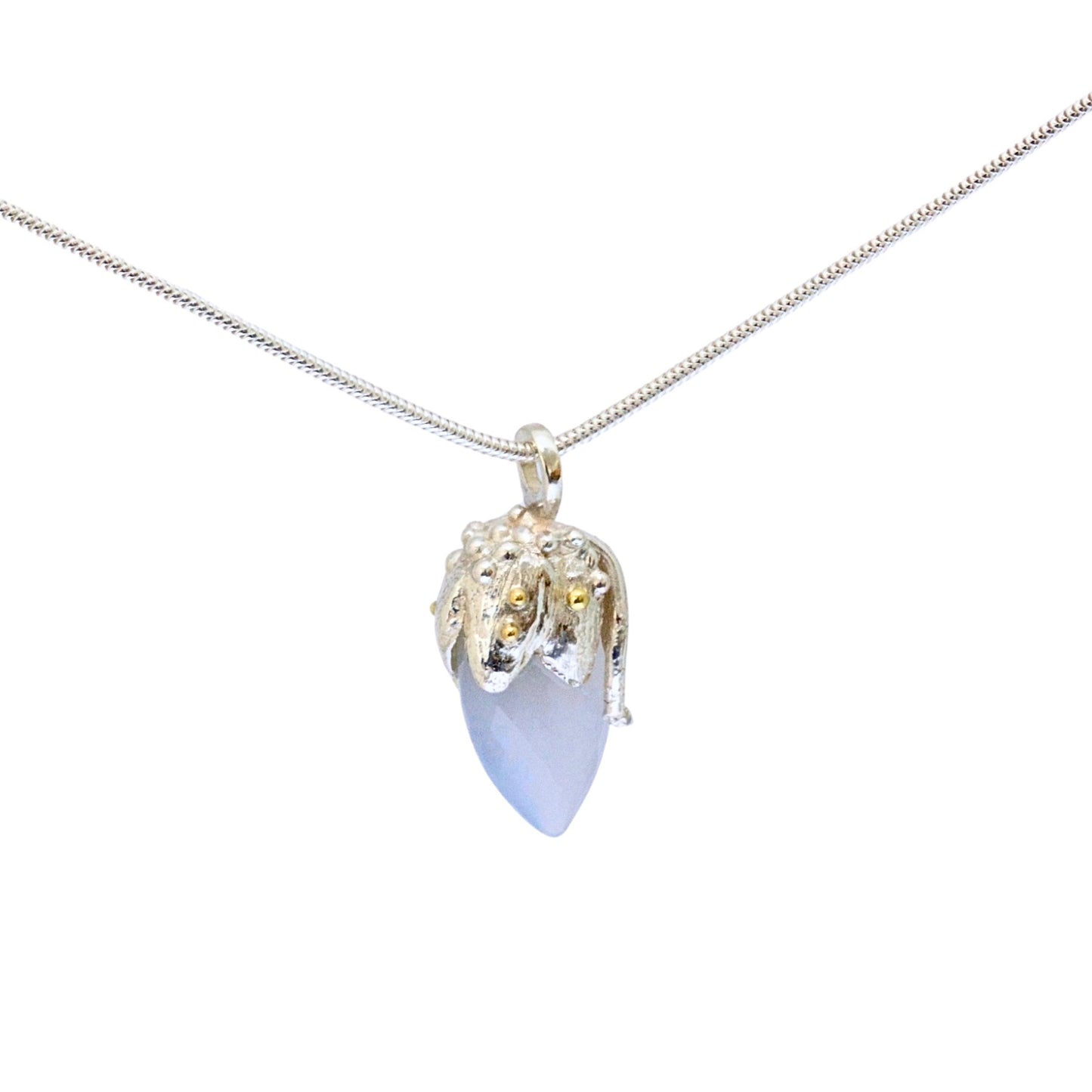 Celeste Chalcedony Amulet Pendant, Silver and 18ct Gold Necklace