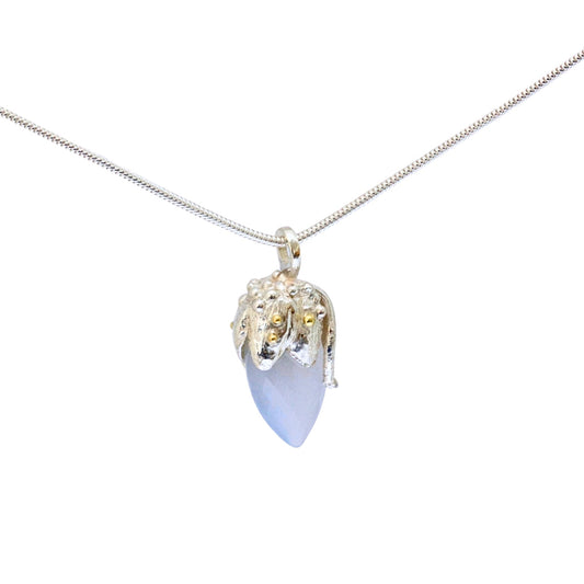 Celeste Chalcedony Amulet Pendant, Silver and 18ct Gold Necklace