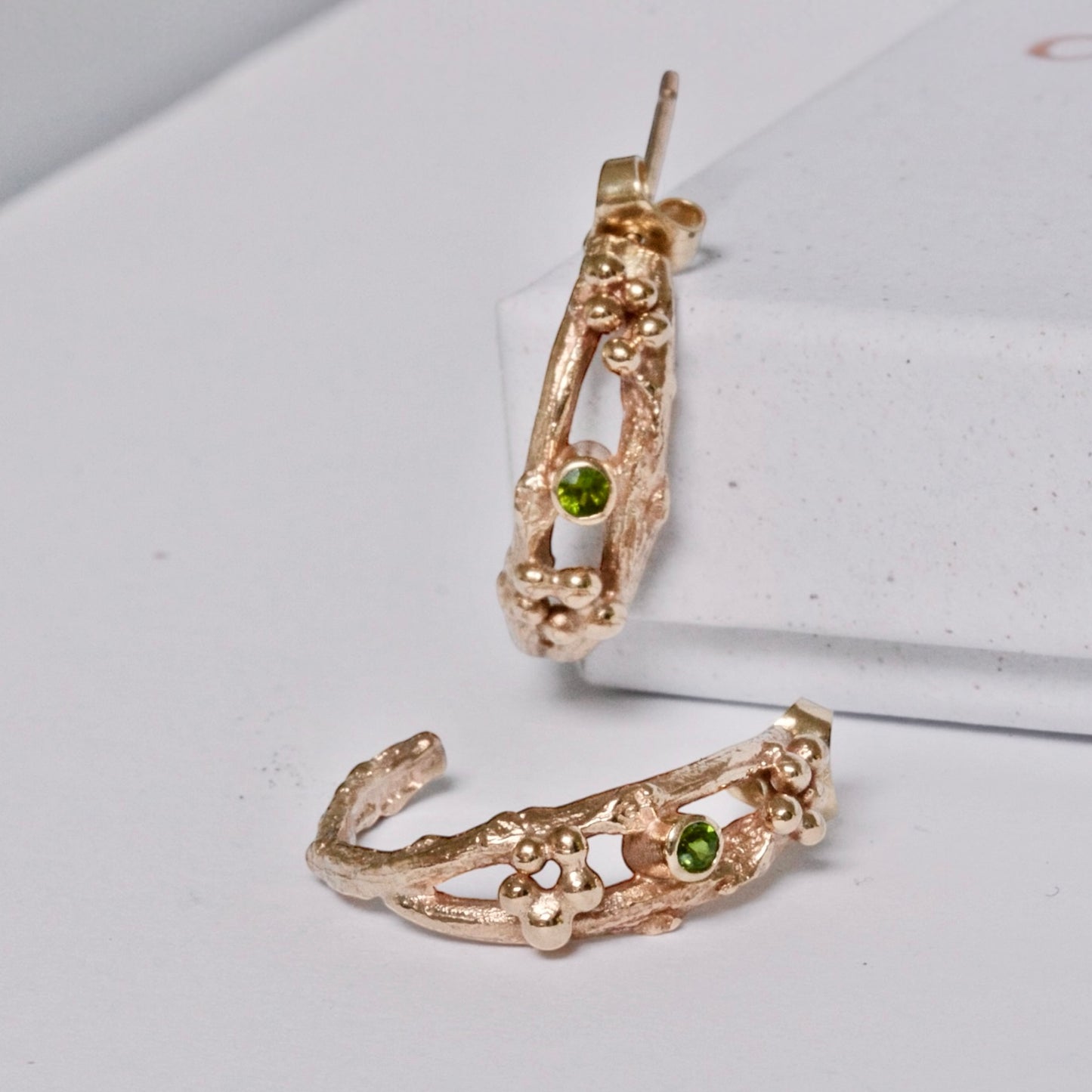 Tsavorite Woodland Twig Hoops, Solid Gold Luxury Hoop Earrings