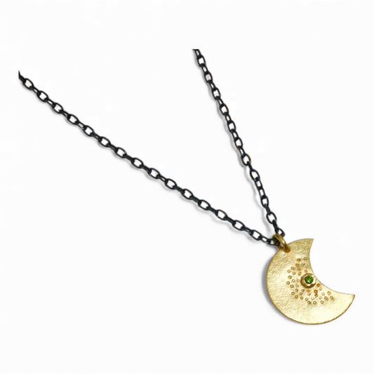 Crescent Moon Pendant, 18 Carat Gold and Green Diamond Moon Necklace
