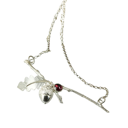 Garnet Woodland Necklace, Oak Leaf and Acorn Twig Neckpiece