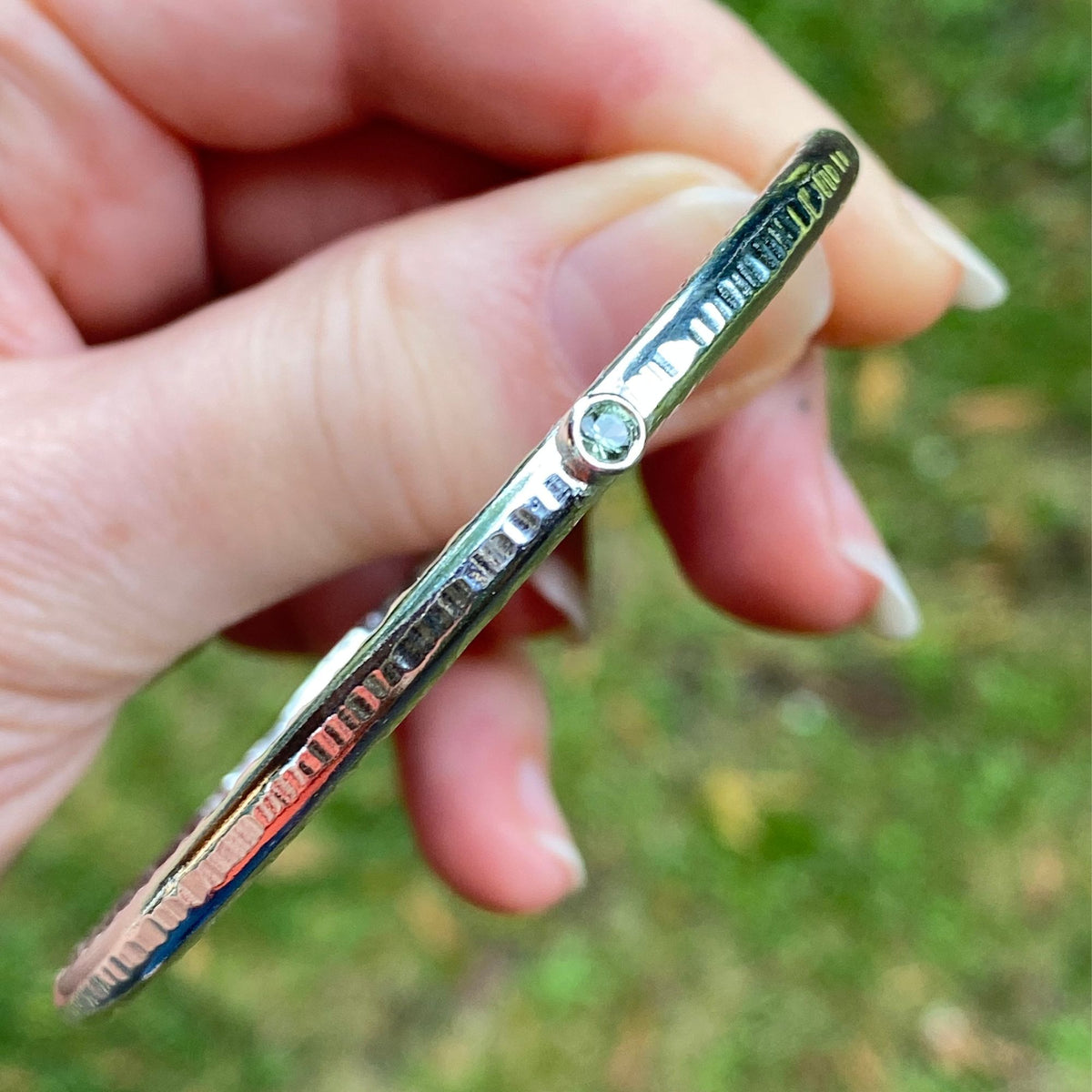 Personalised Birthstone Bangle, Hammered Sterling Silver