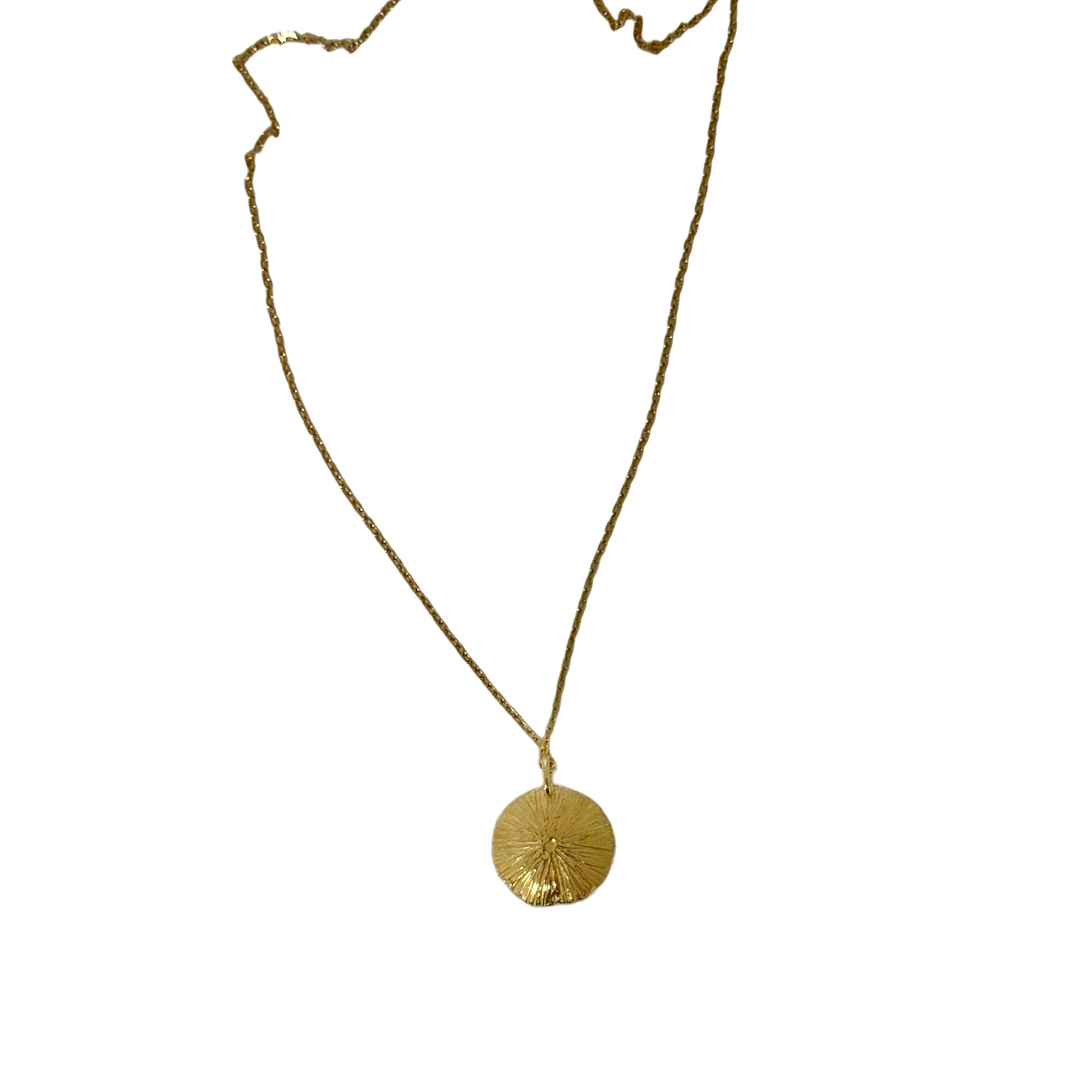 Gold vermeil necklace with a round pendant on a white background