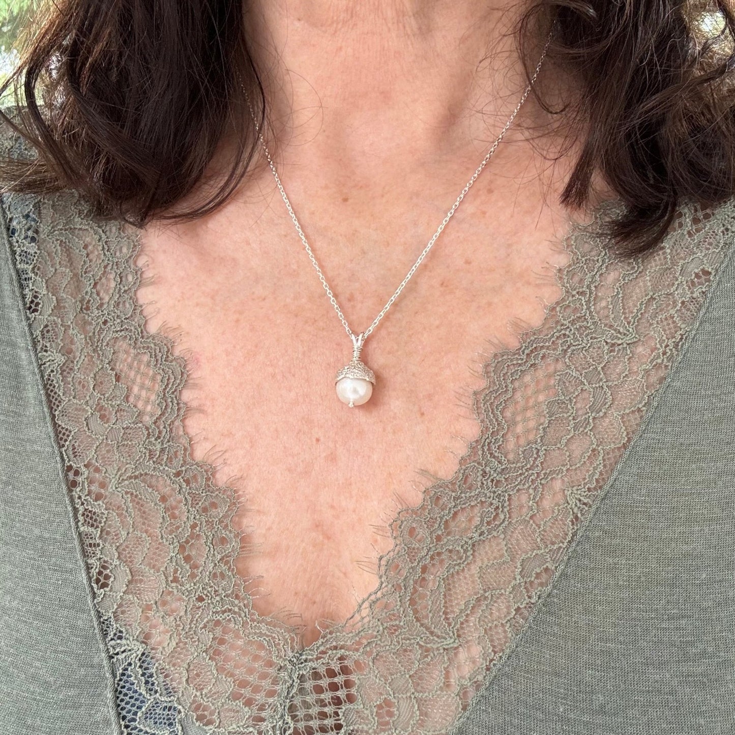 Sterling Silver Pearl Acorn Necklace