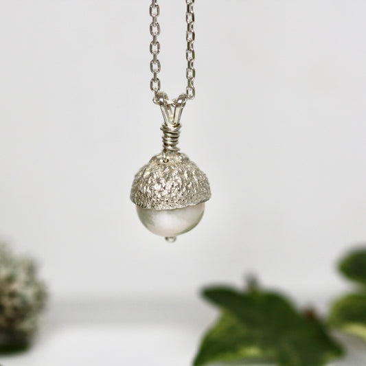 Pearl and Silver Acorn Necklace