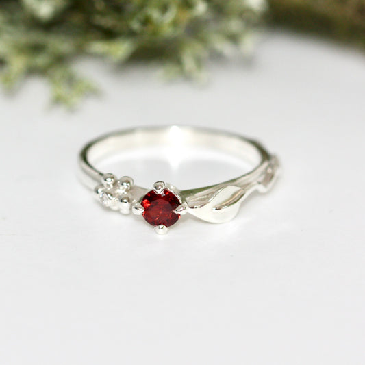 Garnet and Diamond Silver Leaf Engagement Ring